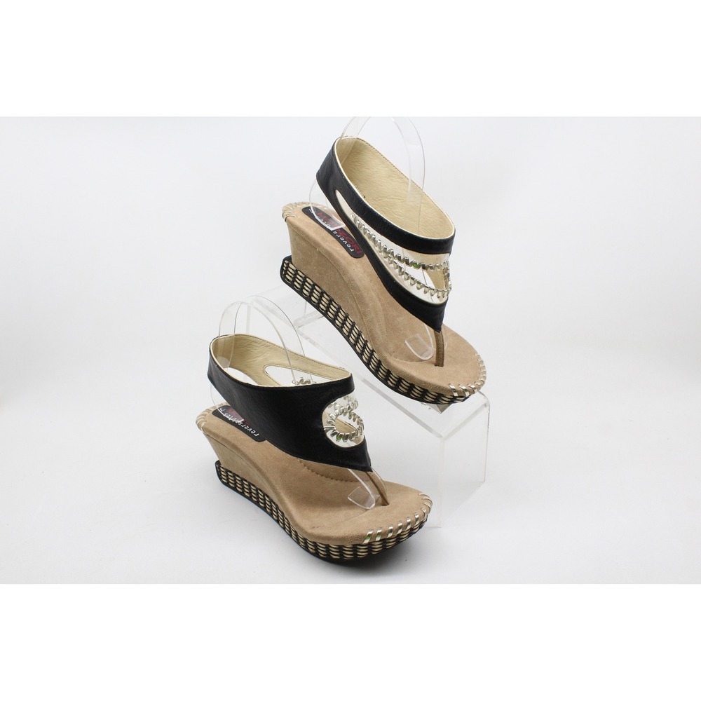 Modzori Reversible Wedge Sandals Black Cream Metallic Thong Platform